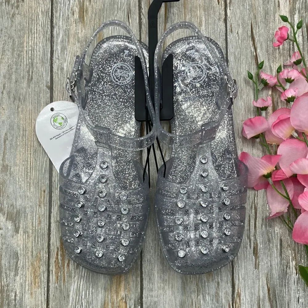 Little Girl's Crystal Jelly Silver Glitter Studded Sandals Shoes Size 2